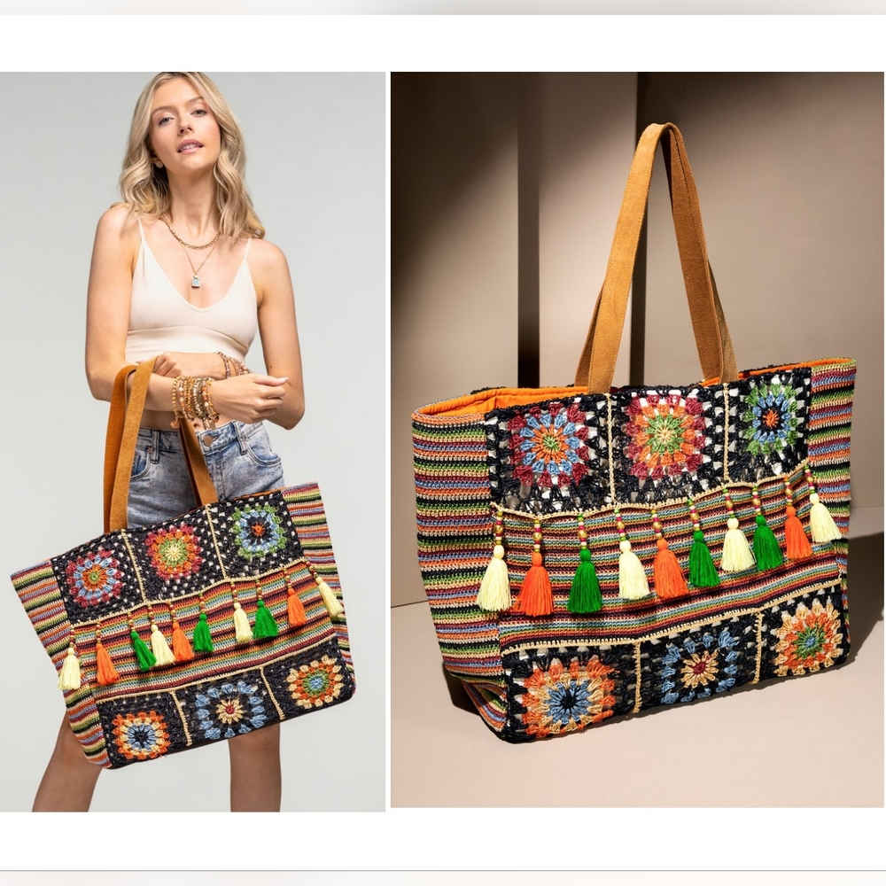 Vibrant Floral & Striped Hand Crocheted Shoulder Bag w/ Colorful Tassel Accents - Picture 11 of 11